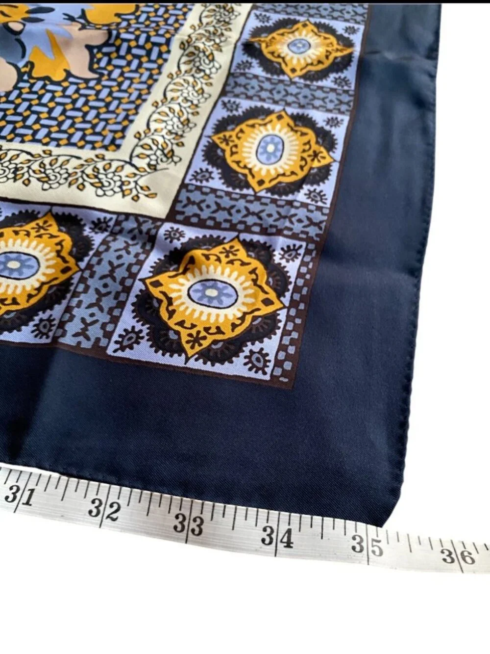 Tory Burch 35” Silk Square Scarf Floral Print Navy Orange Blue Design Tiger Lily